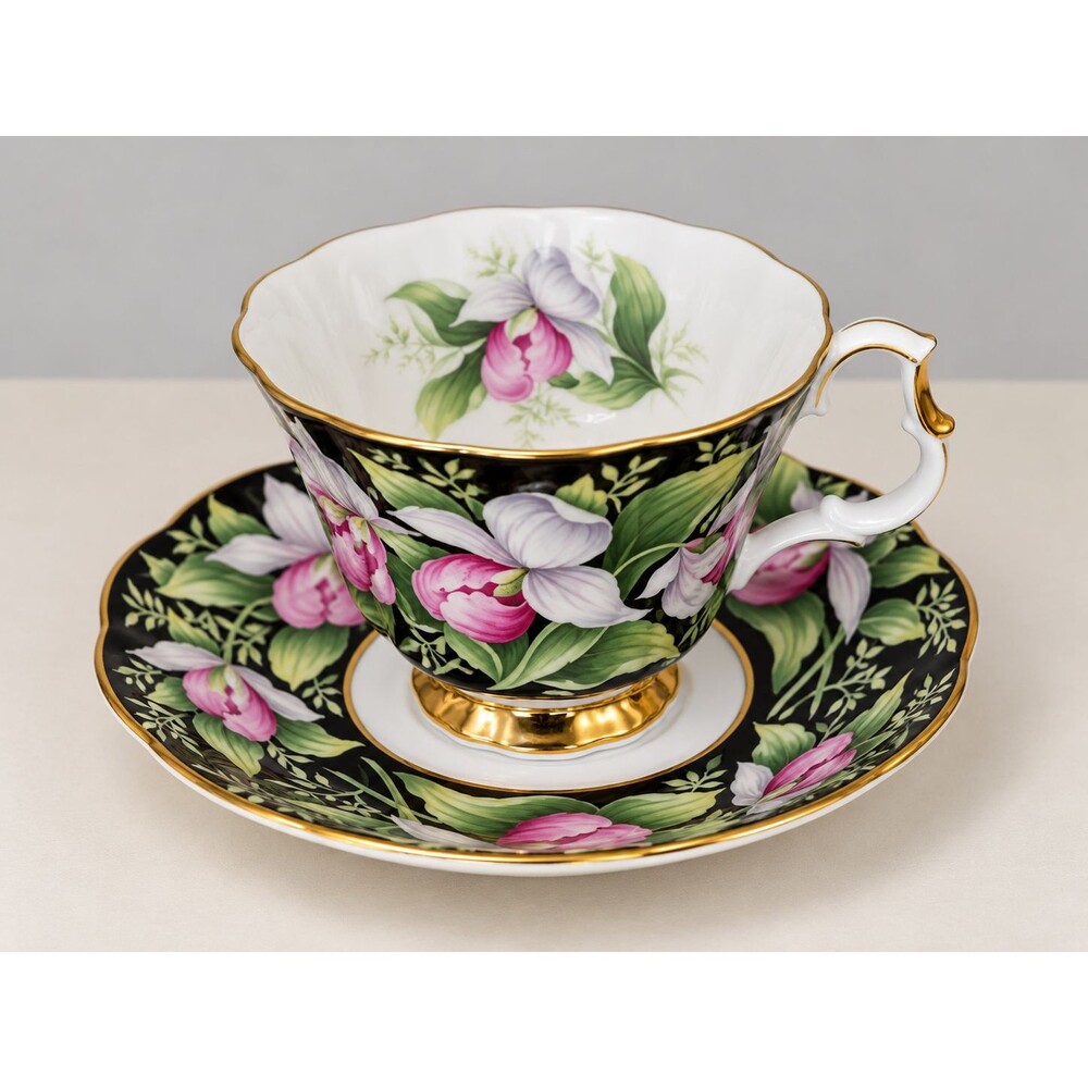 Royal Albert Lady’s Slipper Teacup & Saucer – Provincial Flowers – Black Floral
